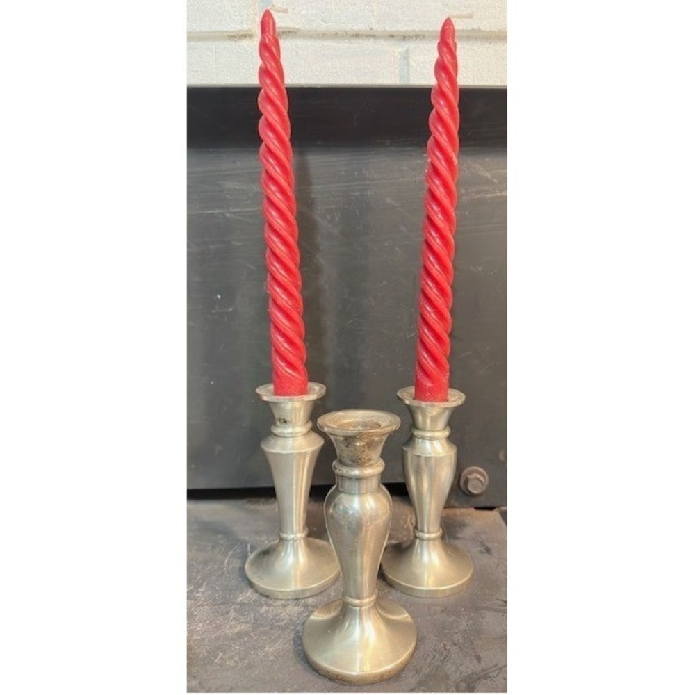 Restoration‎ Hardware Silver Metal Candlestick Holders Set of 3 with Red Candles